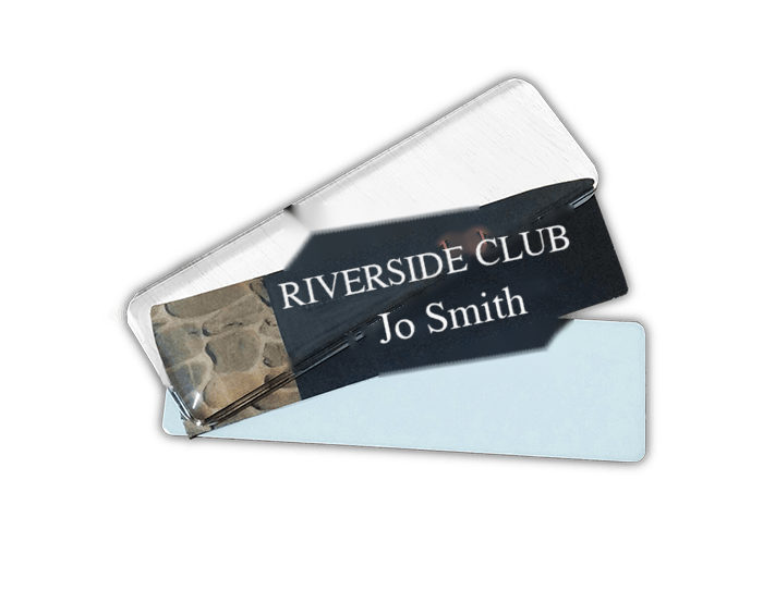 Reusable name badge with a club logo and a staff name